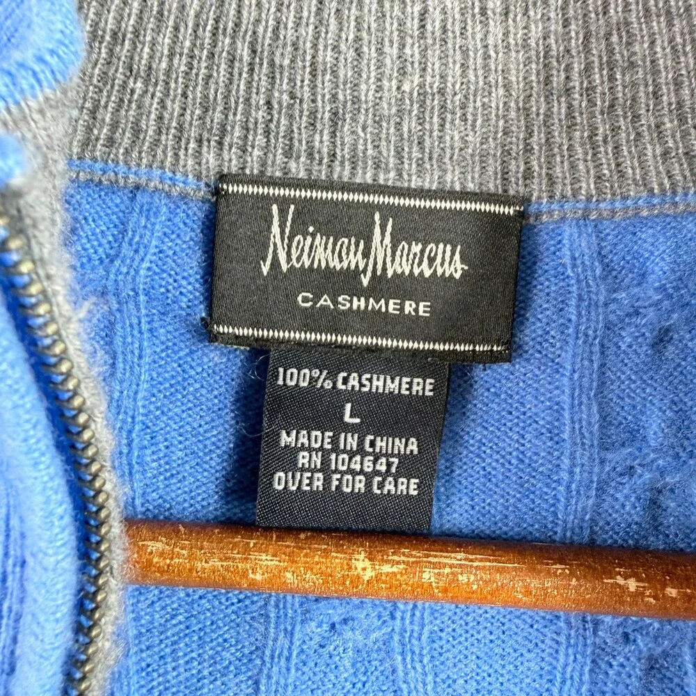 Neiman Marcus Sweater Mens Large Blue Cashmere Quarter Zip Cable Knit